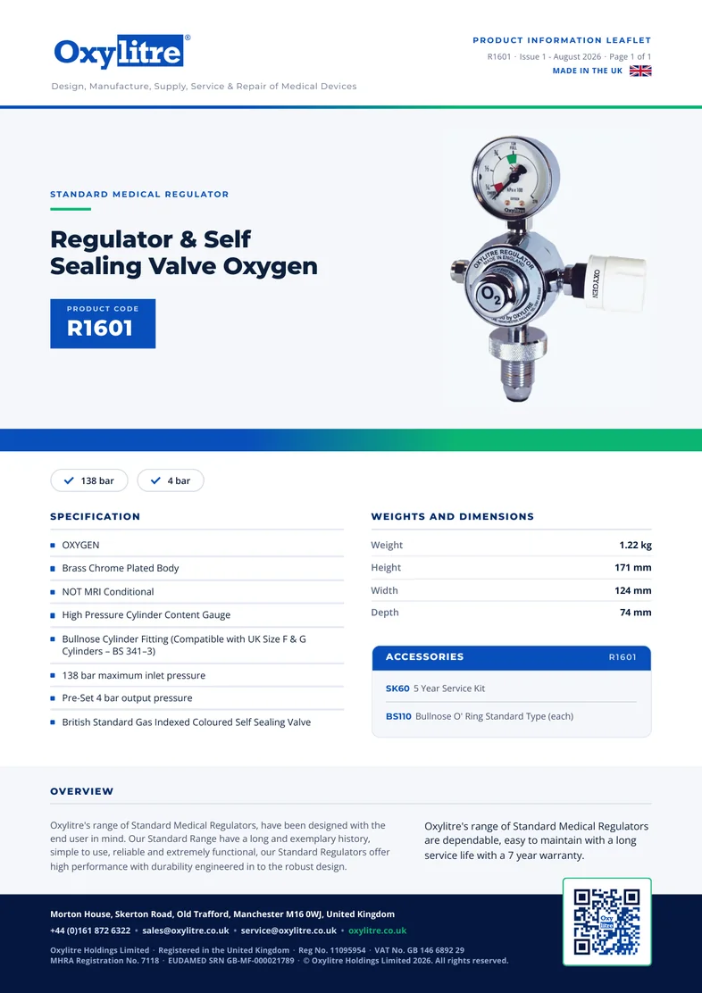 Front page of the Oxylitre R1601 product information leaflet