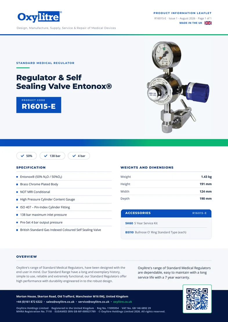Front page of the Oxylitre R16015-E product information leaflet