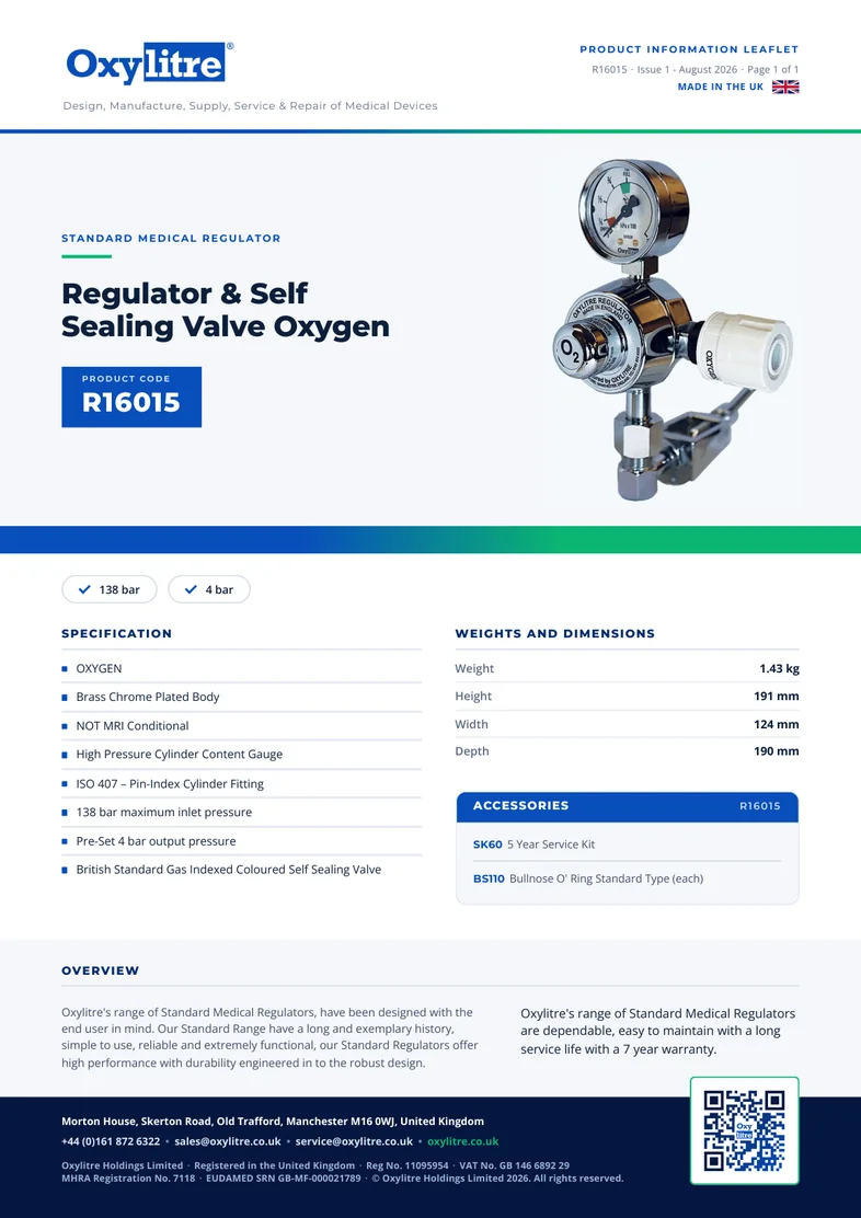 Front page of the Oxylitre R16015 product information leaflet