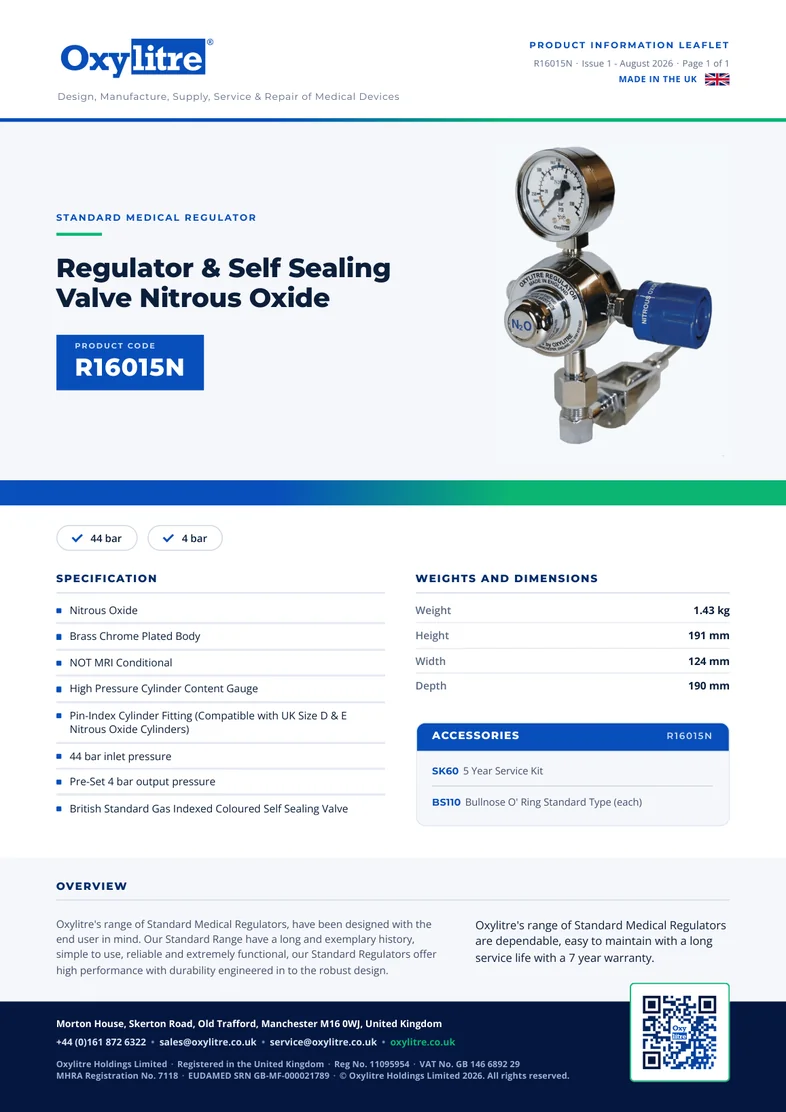 Front page of the Oxylitre R16015N product information leaflet