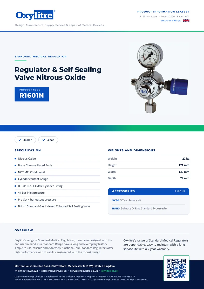 Front page of the Oxylitre R1601N product information leaflet