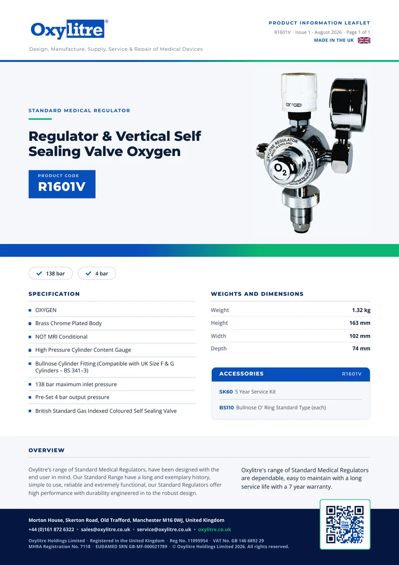Front page of the Oxylitre R1601V product information leaflet