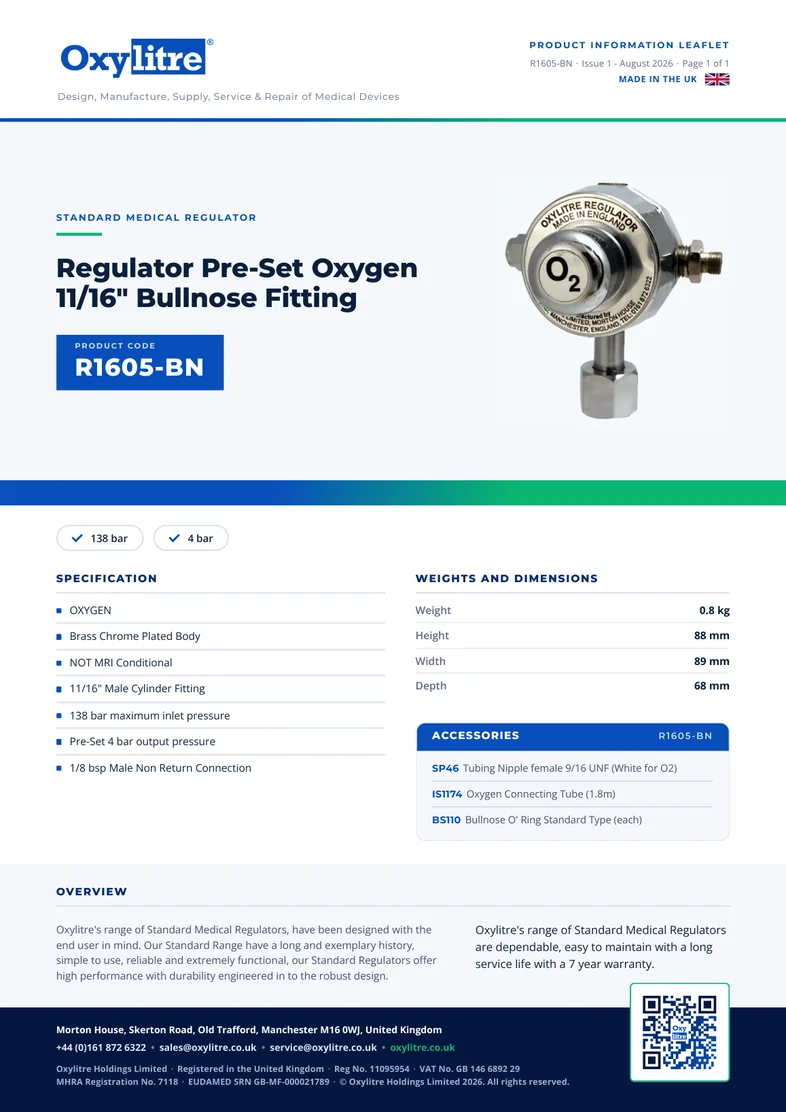 Front page of the Oxylitre R1605-BN product information leaflet