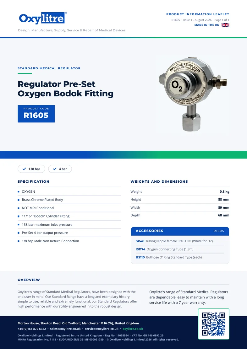 Front page of the Oxylitre R1605 product information leaflet