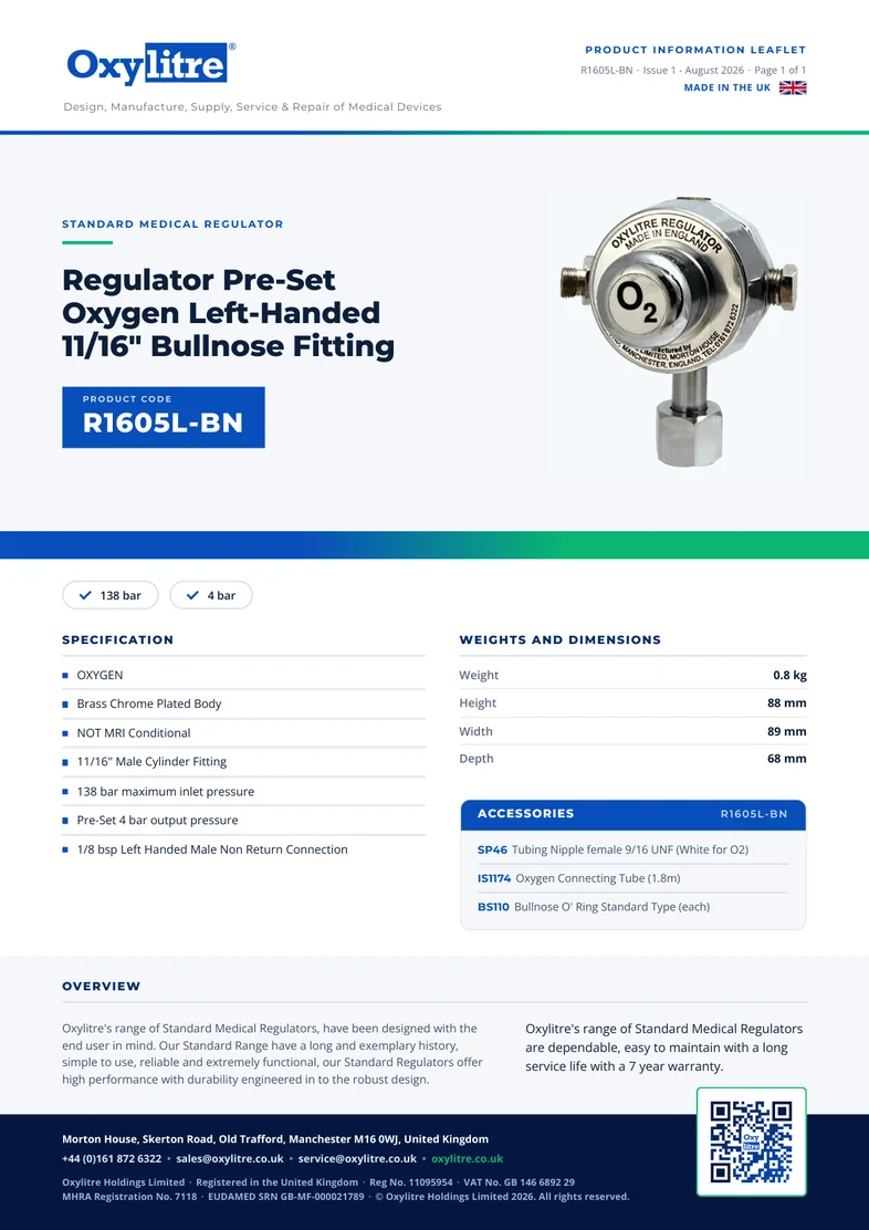 Front page of the Oxylitre R1605L-BN product information leaflet