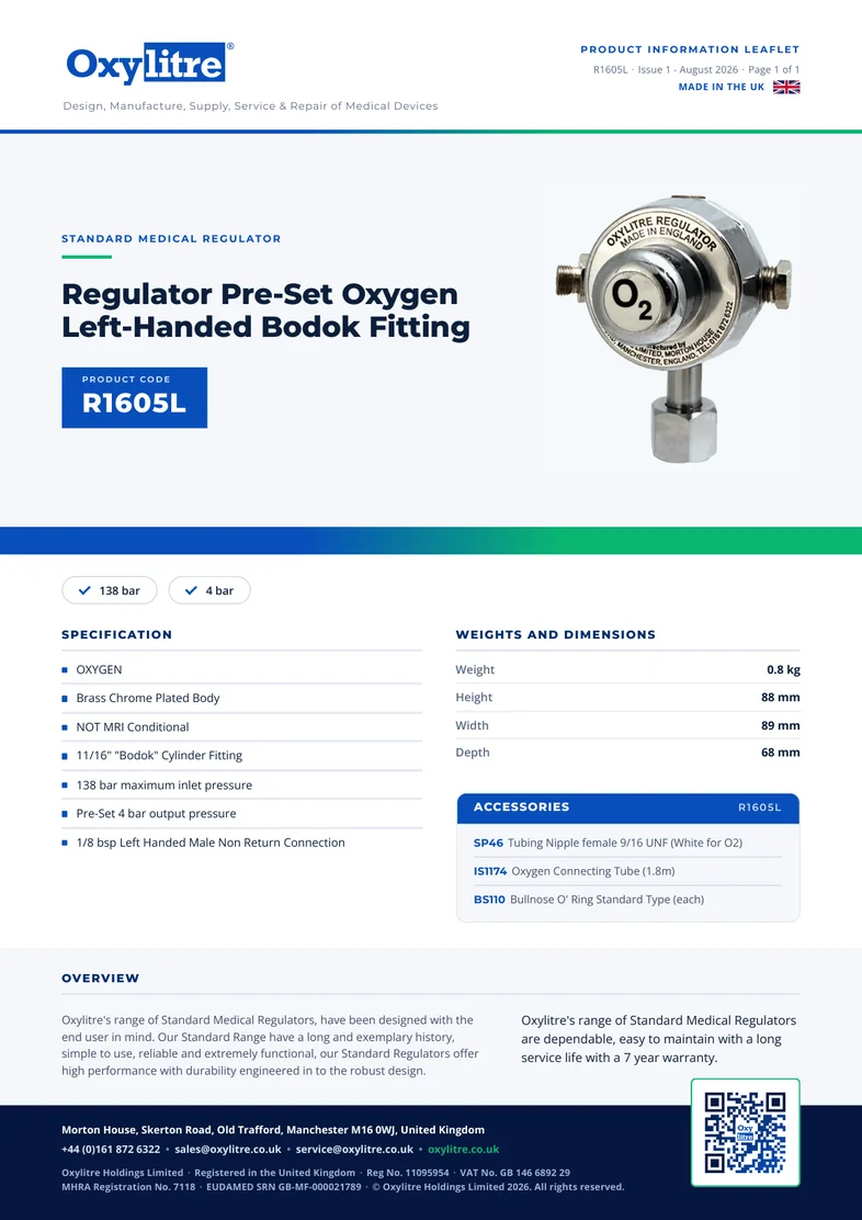 Front page of the Oxylitre R1605L product information leaflet