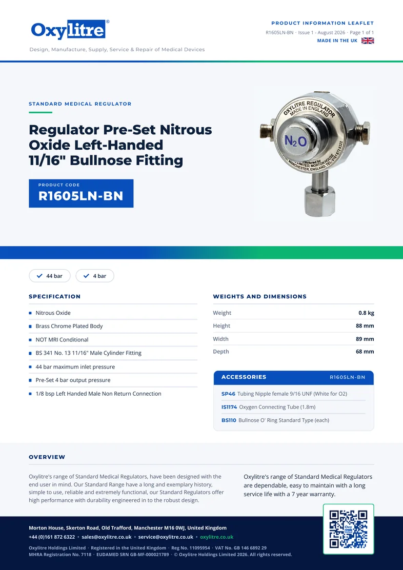 Front page of the Oxylitre R1605LN-BN product information leaflet
