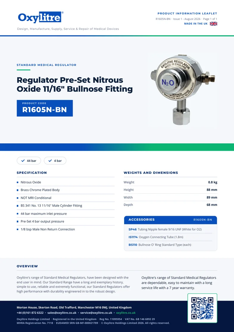Front page of the Oxylitre R1605N-BN product information leaflet