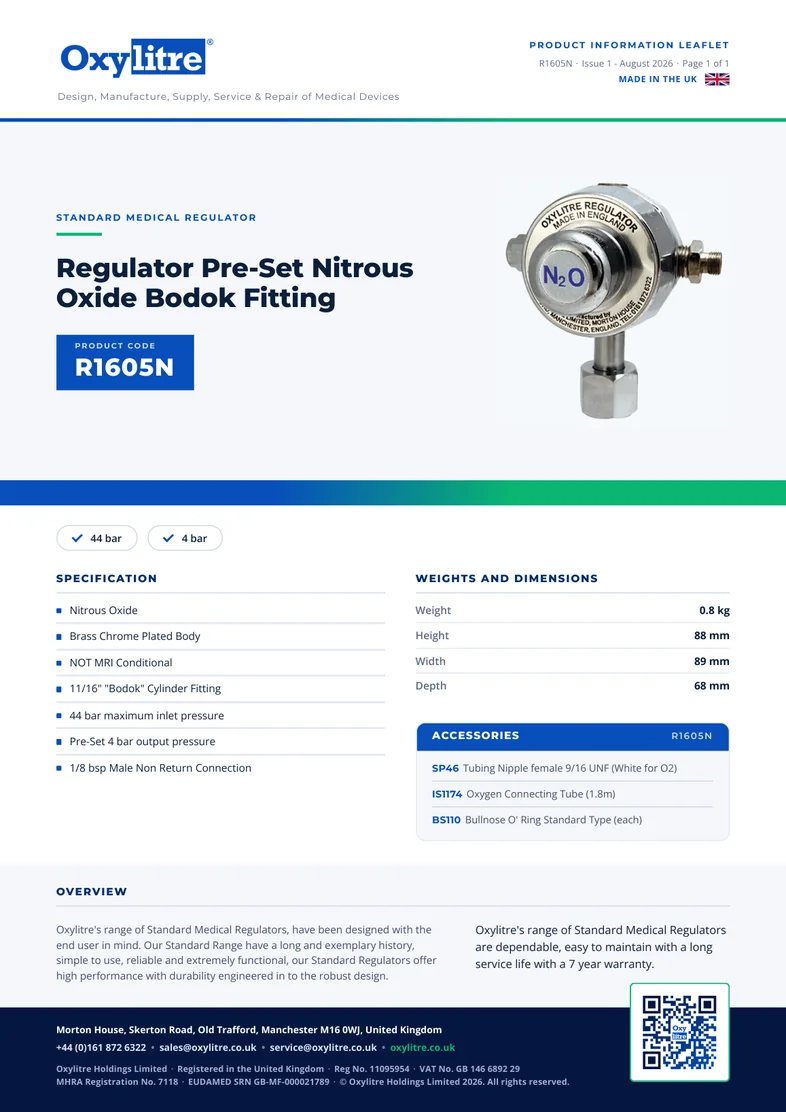 Front page of the Oxylitre R1605N product information leaflet