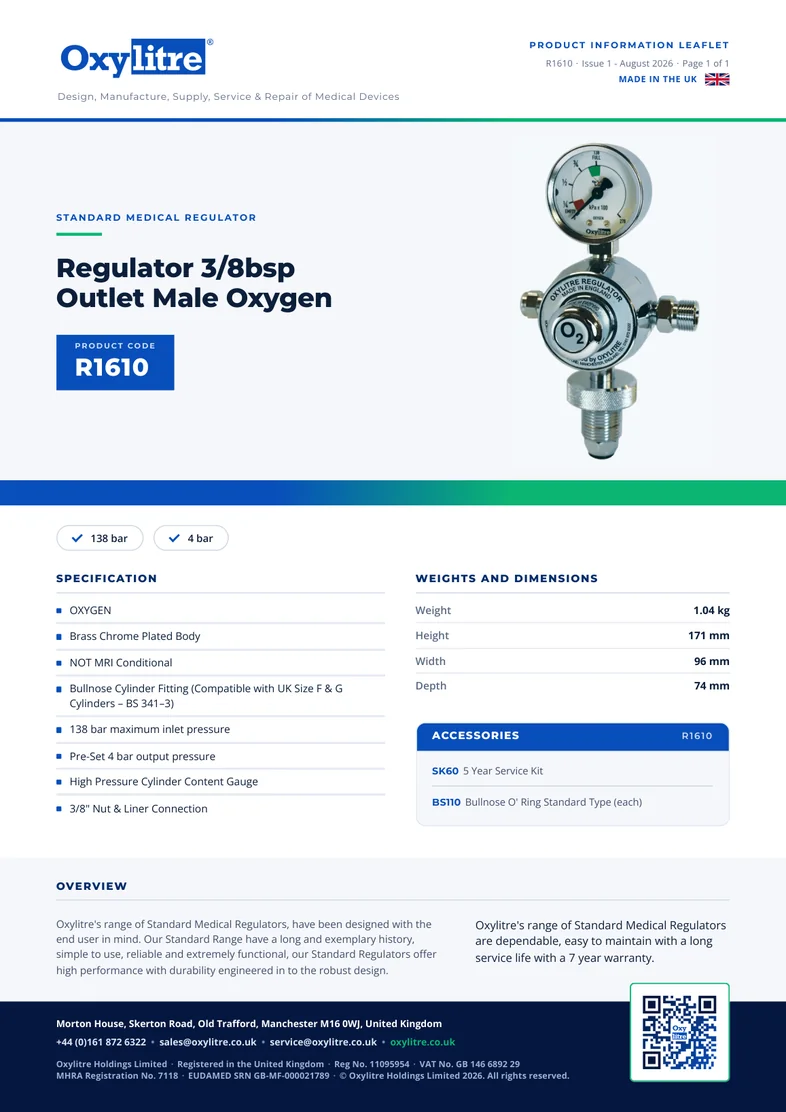 Front page of the Oxylitre R1610 product information leaflet