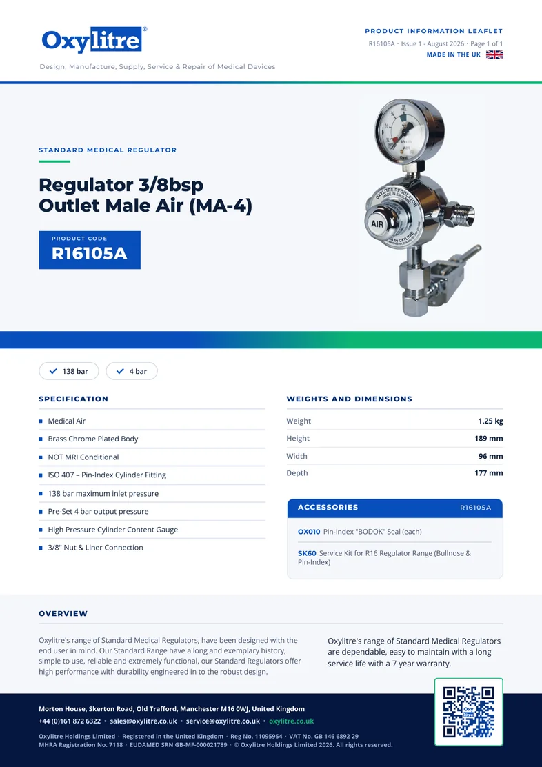 Front page of the Oxylitre R16105A product information leaflet