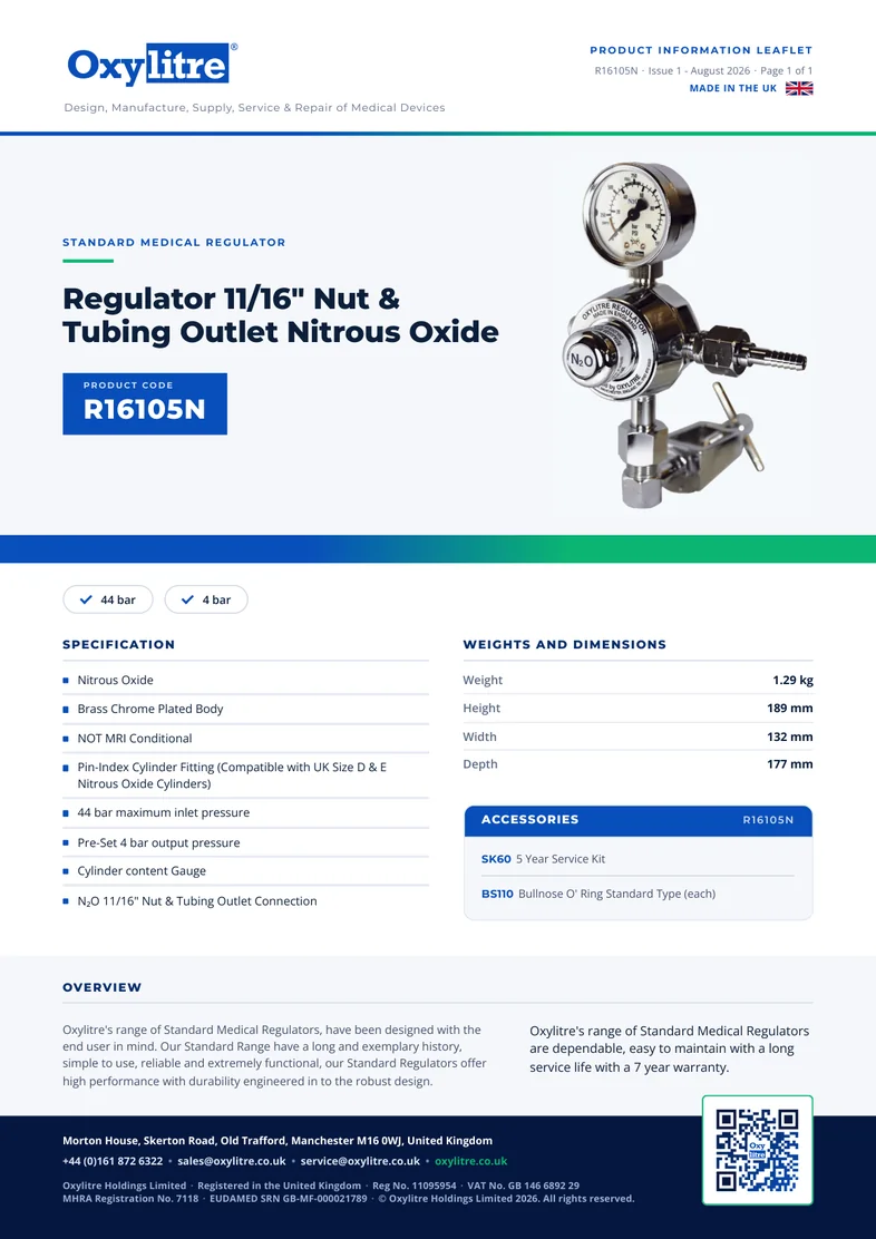 Front page of the Oxylitre R16105N product information leaflet