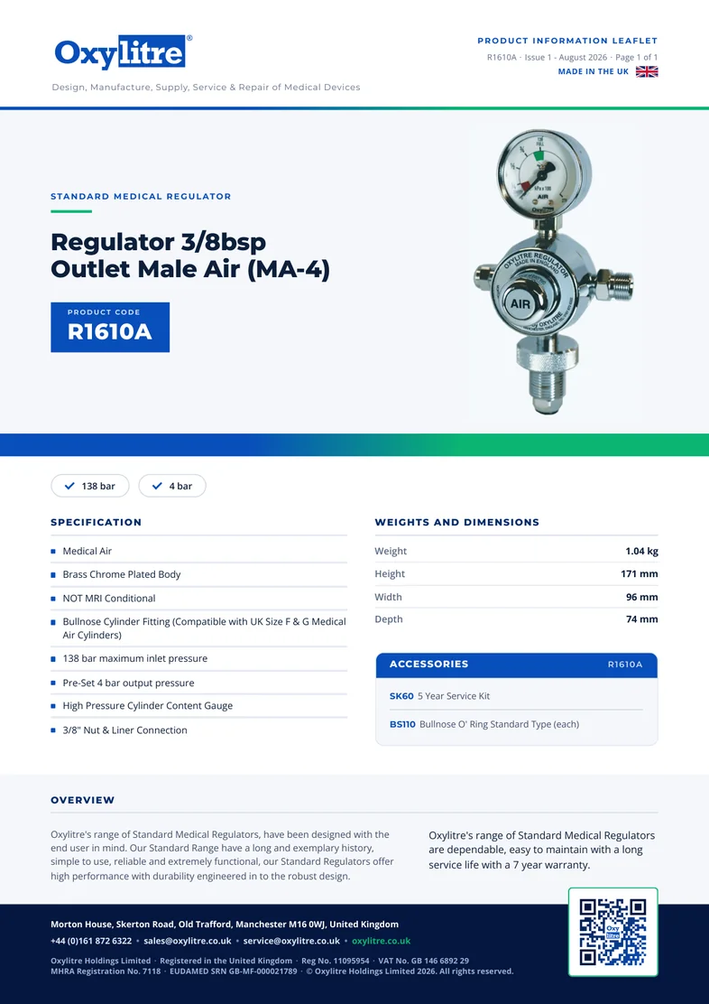 Front page of the Oxylitre R1610A product information leaflet