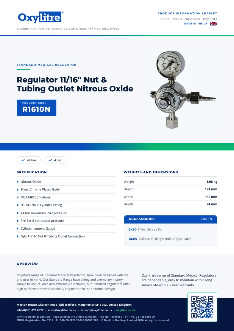 Front page of the Oxylitre R1610N product information leaflet