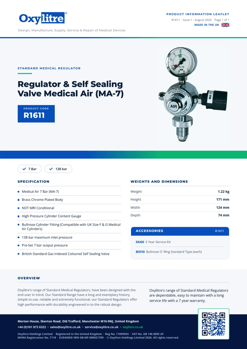 Front page of the Oxylitre R1611 product information leaflet