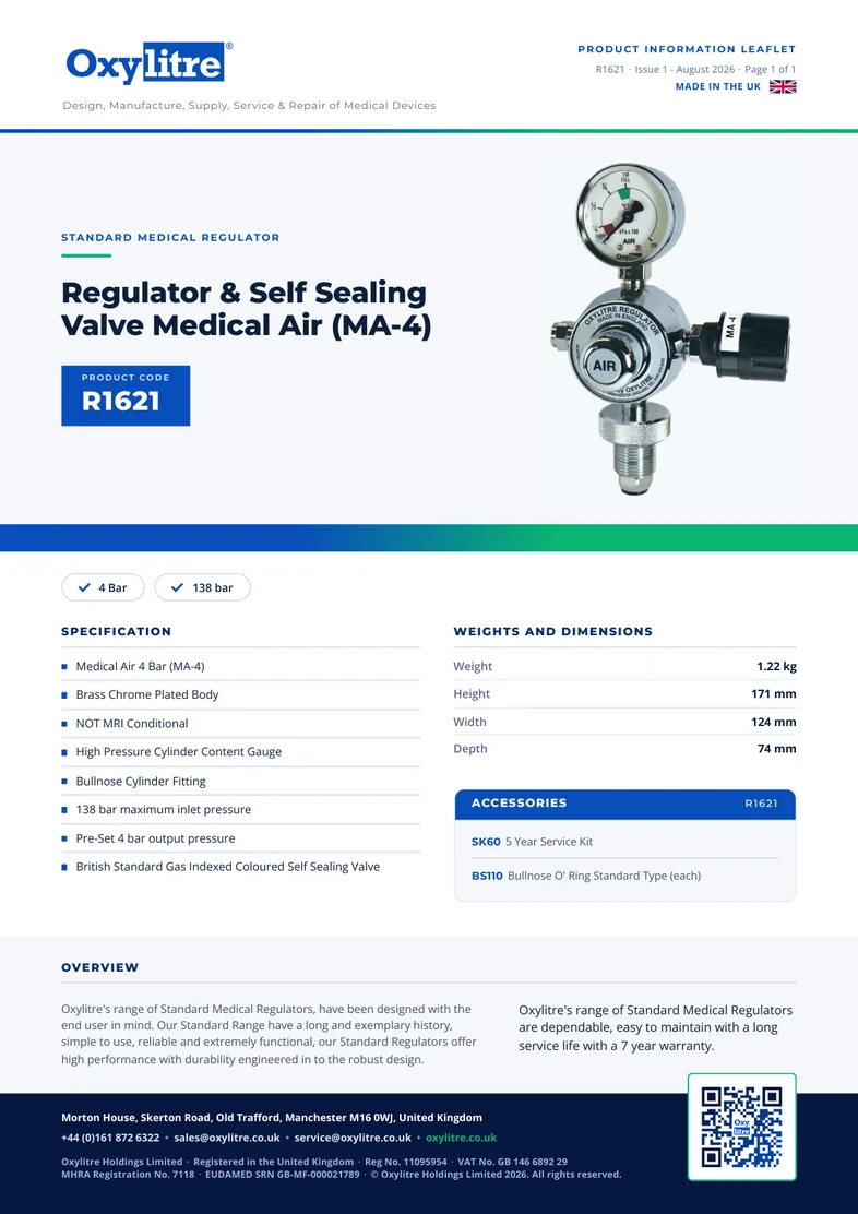 Front page of the Oxylitre R1621 product information leaflet