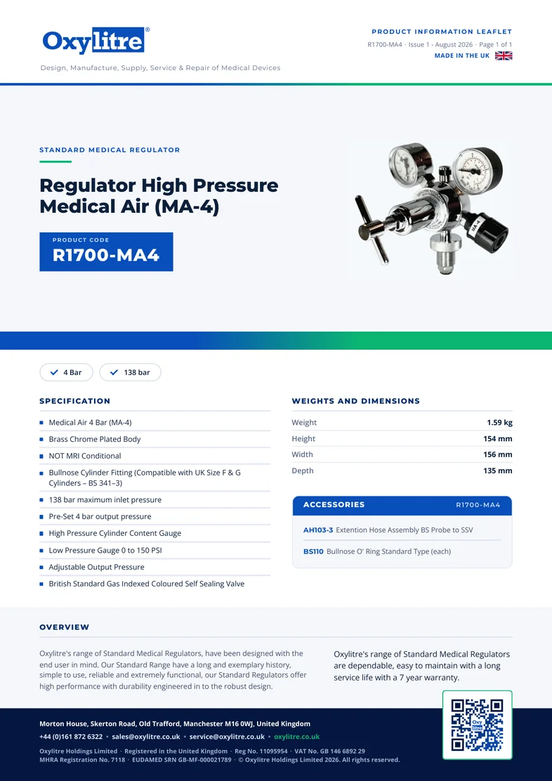 Front page of the Oxylitre R1700-MA4 product information leaflet