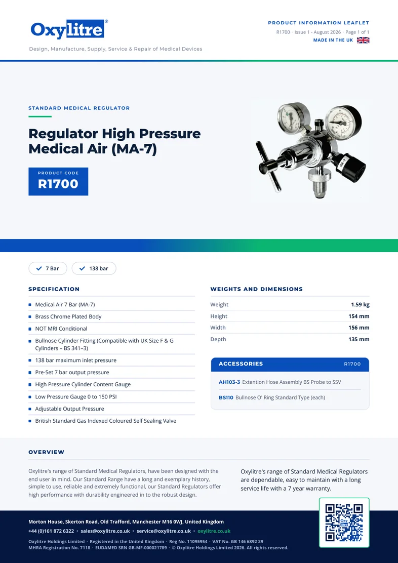 Front page of the Oxylitre R1700 product information leaflet