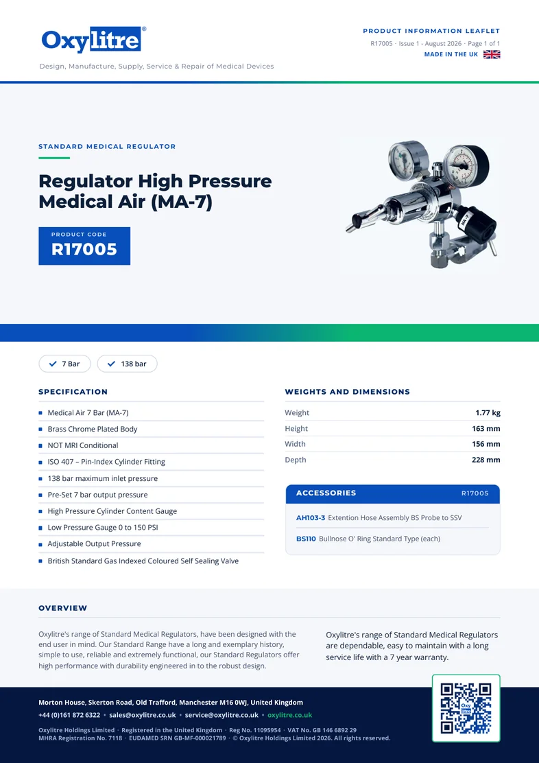 Front page of the Oxylitre R17005 product information leaflet