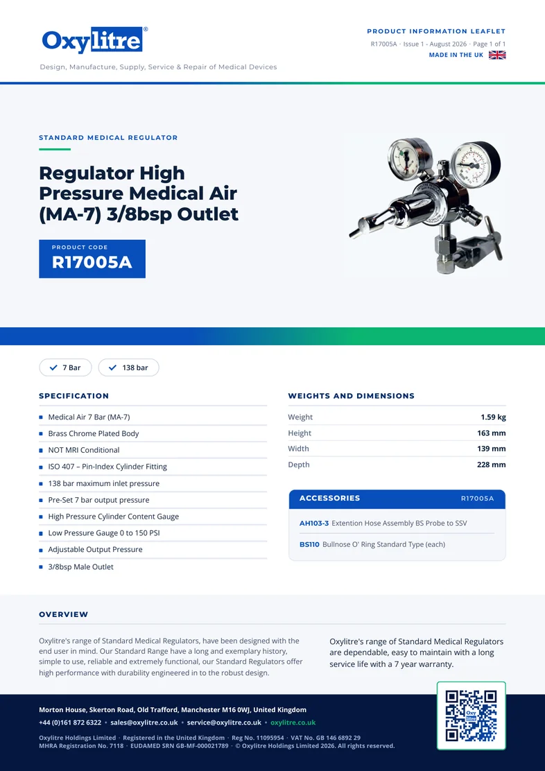 Front page of the Oxylitre R17005A product information leaflet