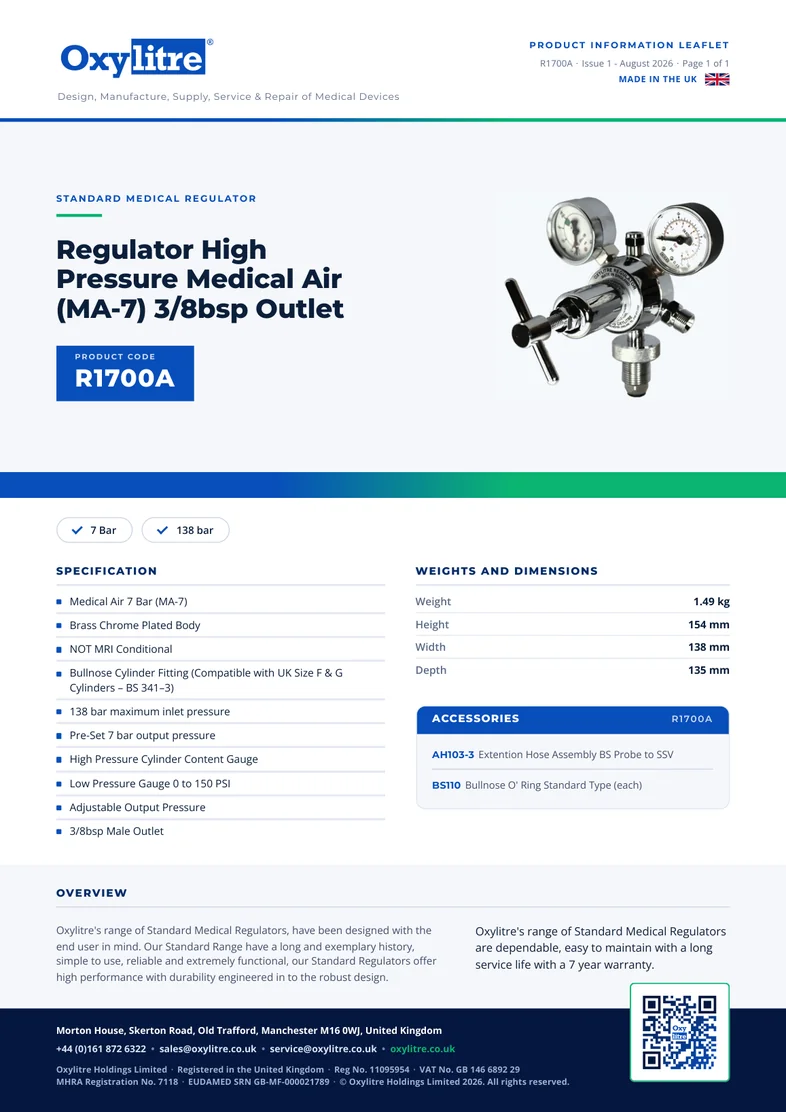 Front page of the Oxylitre R1700A product information leaflet