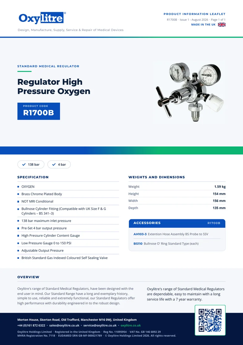 Front page of the Oxylitre R1700B product information leaflet
