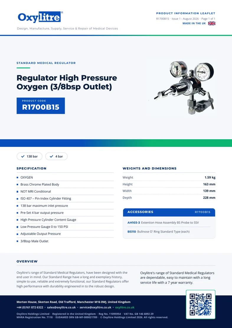 Front page of the Oxylitre R1700B15 product information leaflet