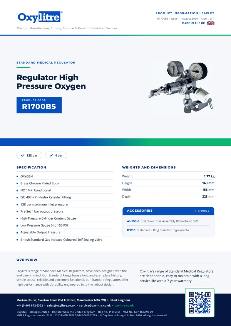 Front page of the Oxylitre R1700B5 product information leaflet