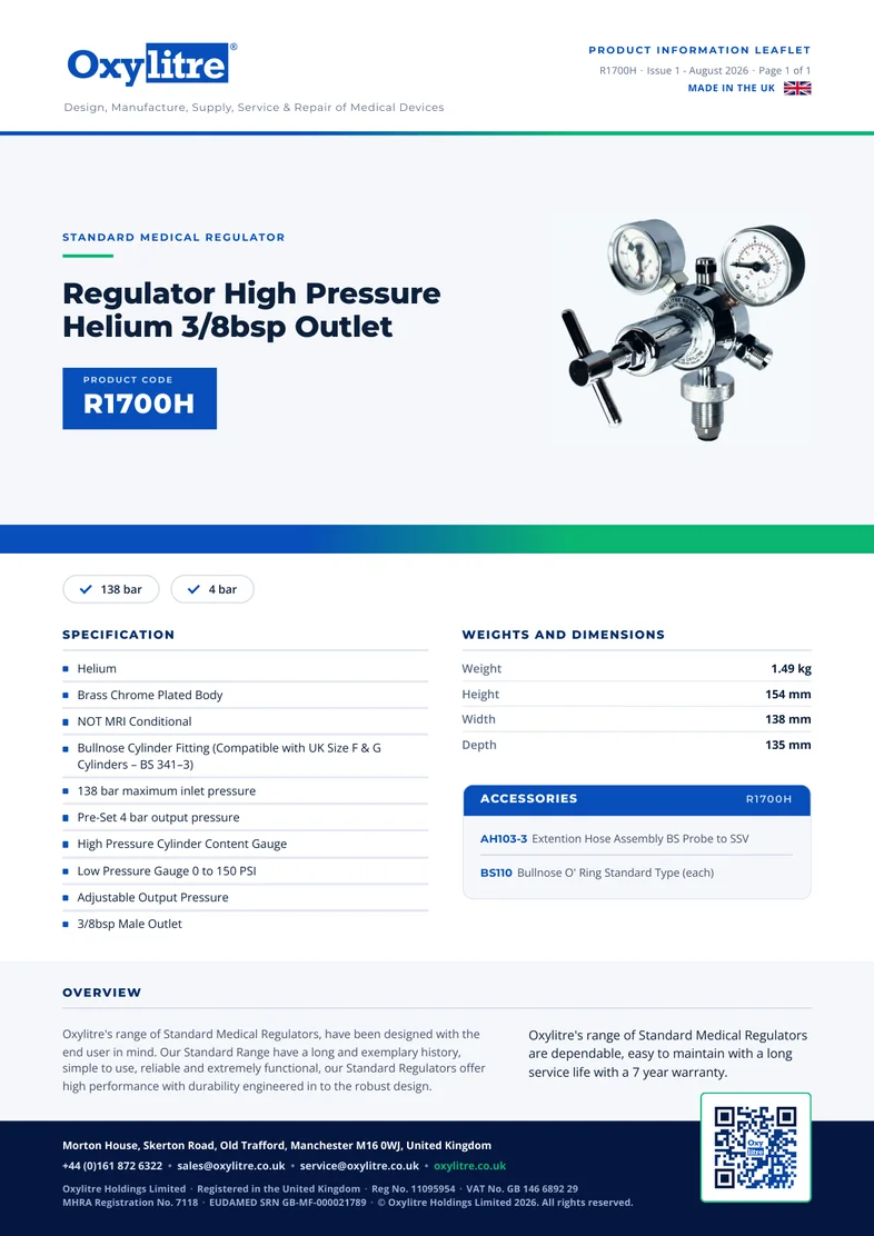 Front page of the Oxylitre R1700H product information leaflet
