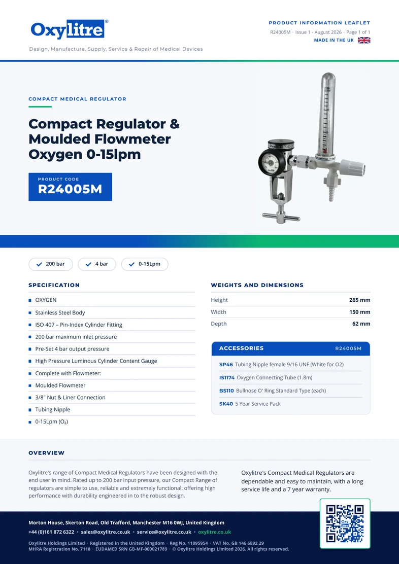 Front page of the Oxylitre R24005M product leaflet