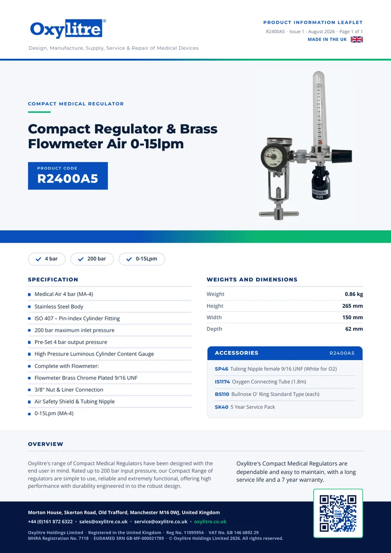 Front page of the Oxylitre R2400A5 product leaflet