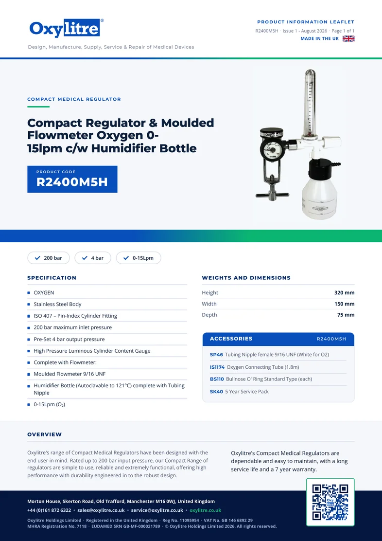 Front page of the Oxylitre R2400M5H product leaflet