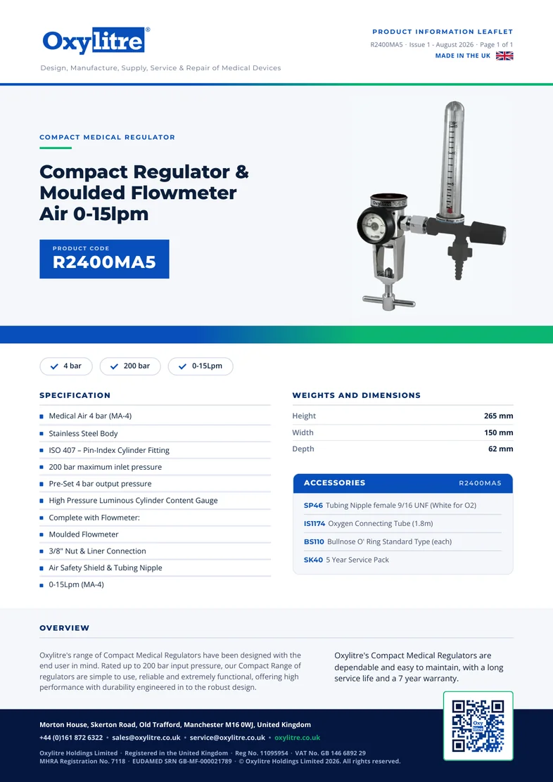 Front page of the Oxylitre R2400MA5 product leaflet