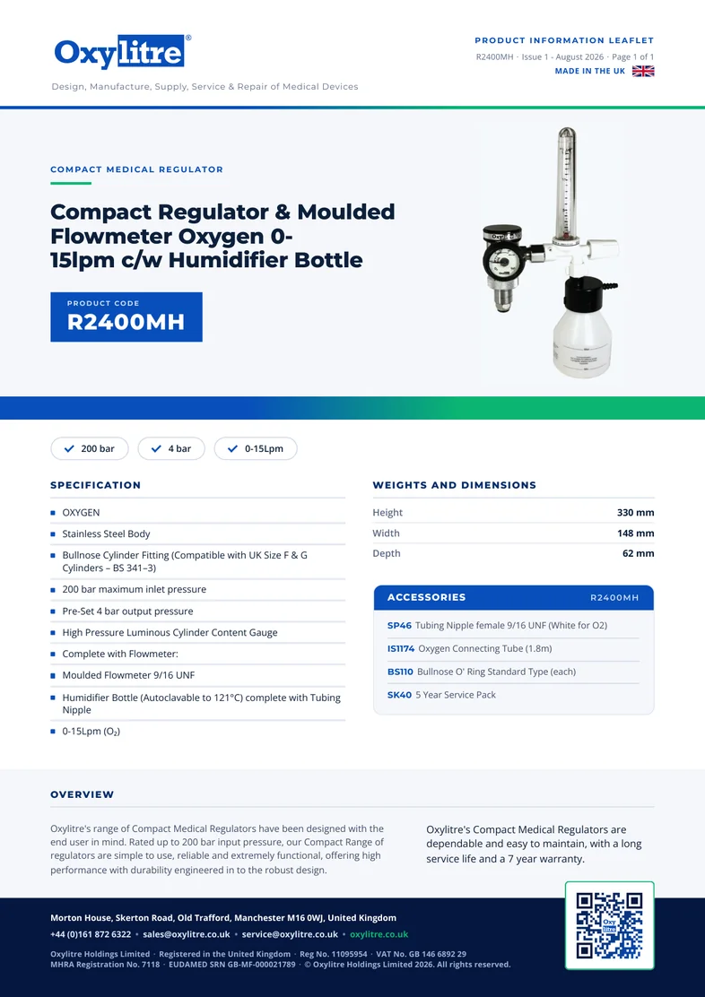 Front page of the Oxylitre R2400MH product leaflet