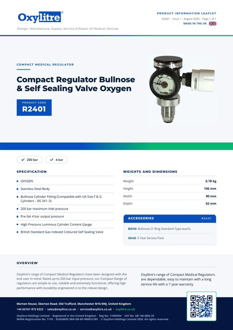 Front page of the Oxylitre R2401 product information leaflet
