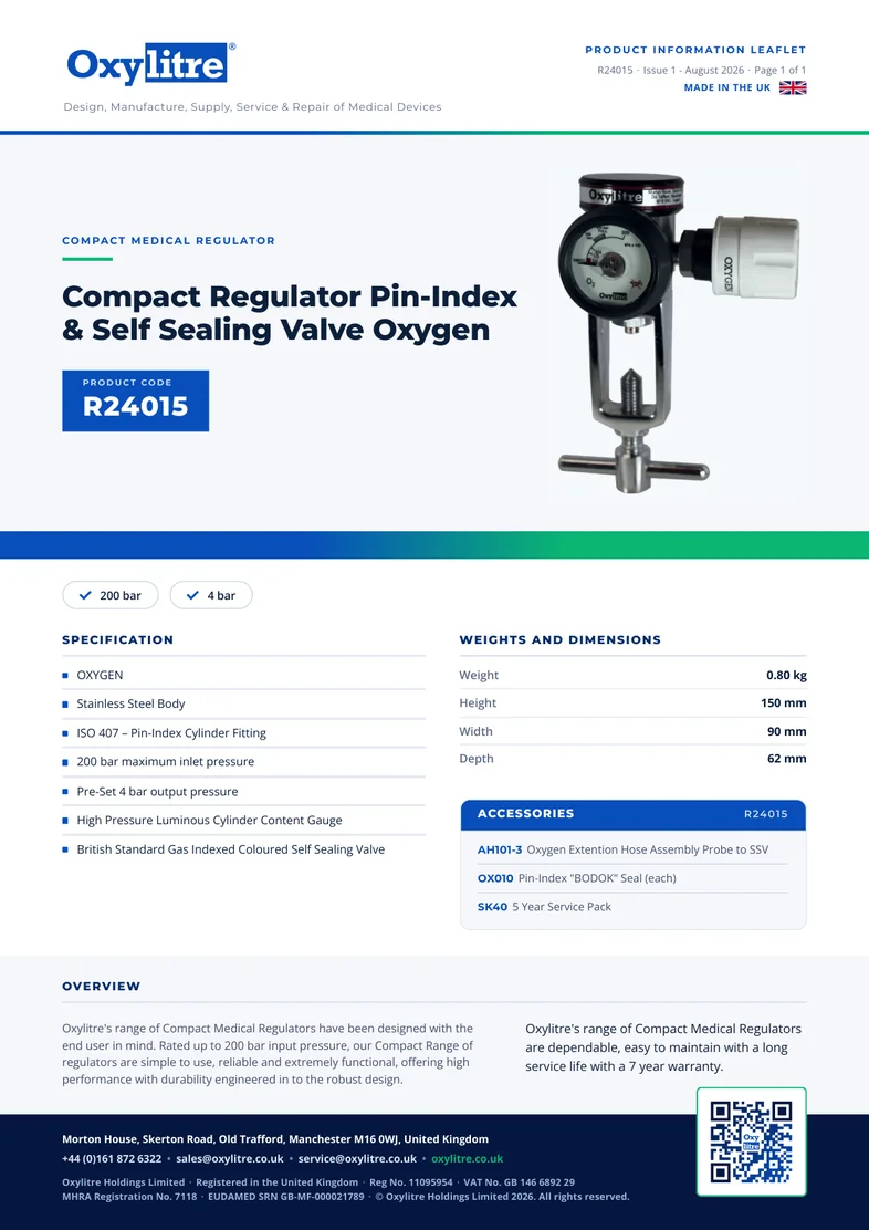 Front page of the Oxylitre R24015 product information leaflet