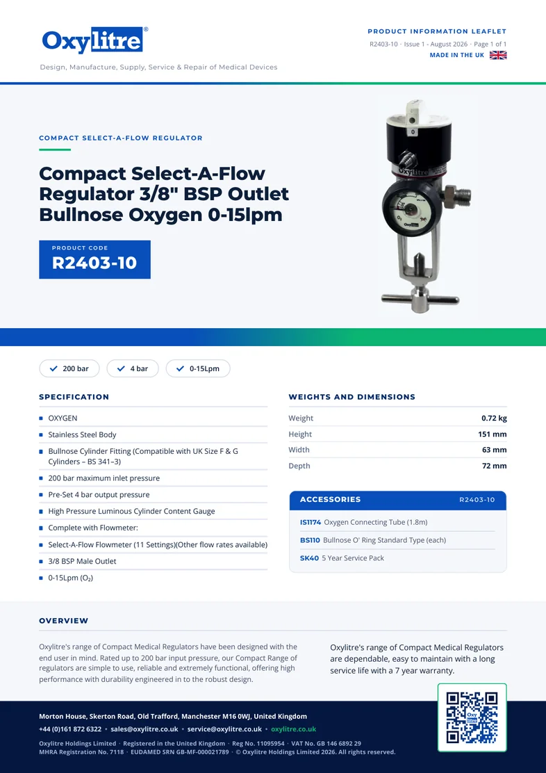 Front page of the Oxylitre R2403-10 product information leaflet