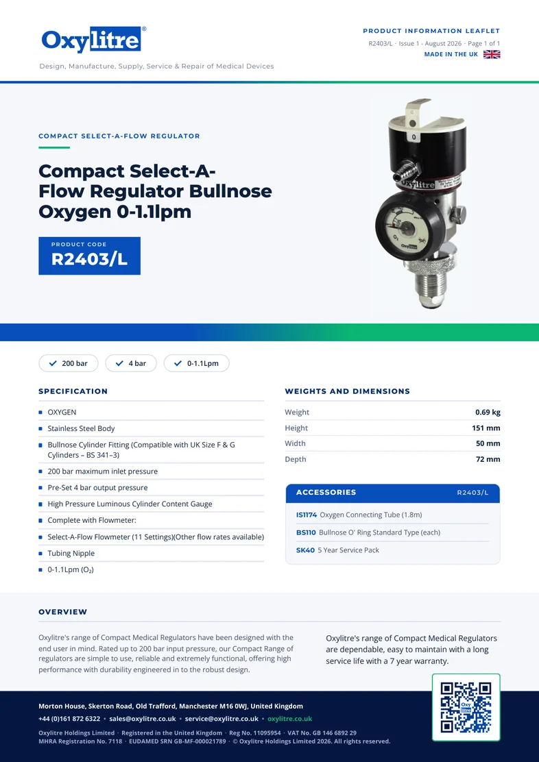 Front page of the Oxylitre R2403-L product information leaflet