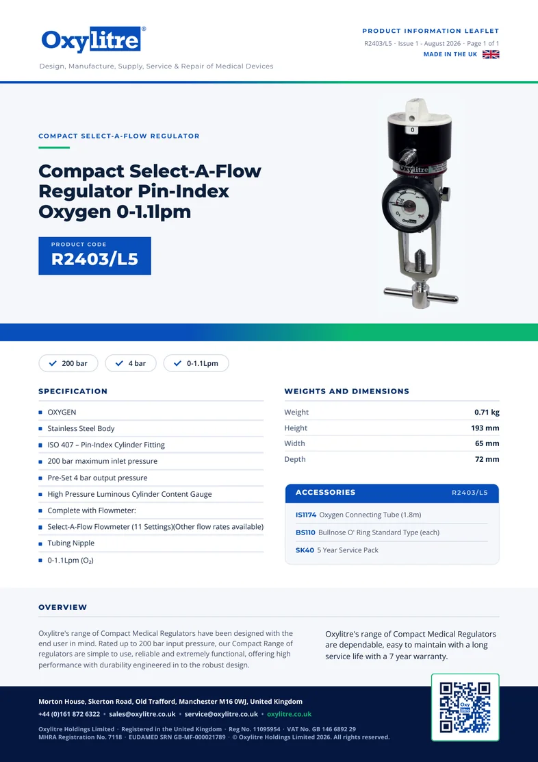 Front page of the Oxylitre R2403-L5 product information leaflet