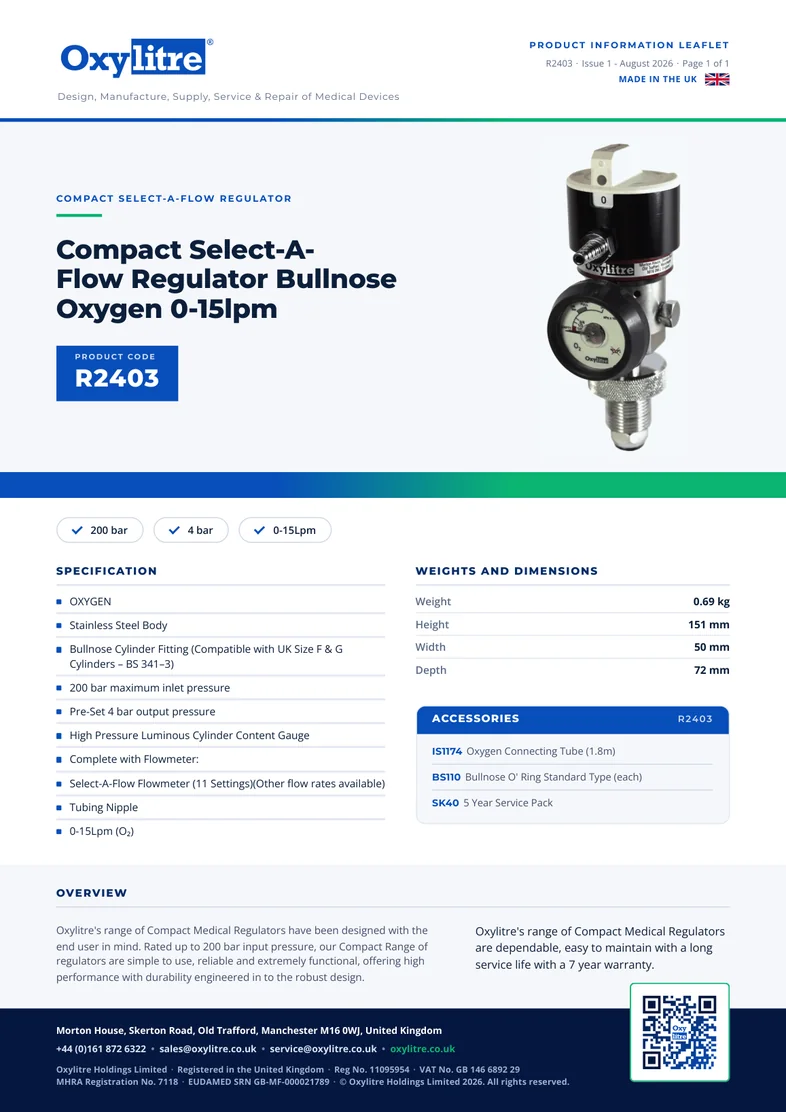 Front page of the Oxylitre R2403 product information leaflet