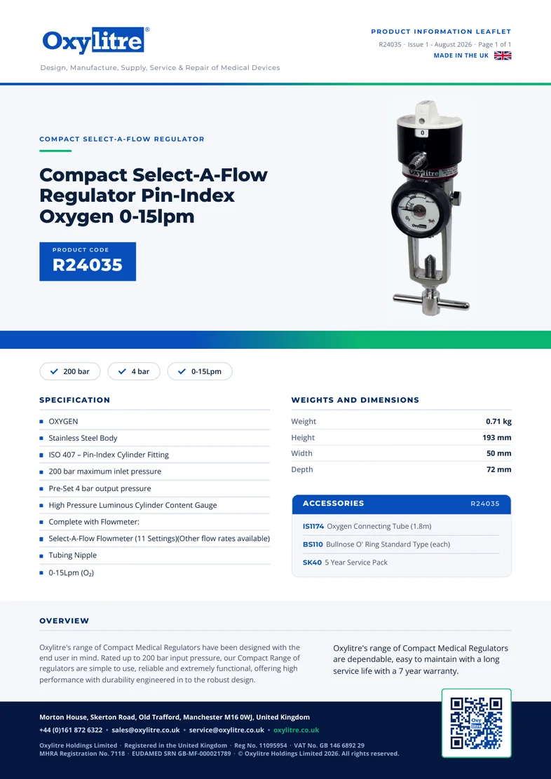 Front page of the Oxylitre R24035 product information leaflet