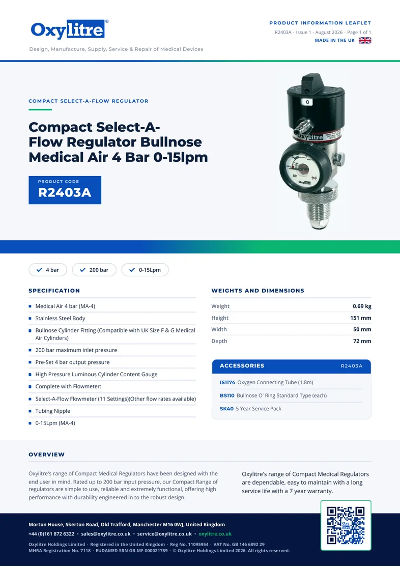 Front page of the Oxylitre R2403A product information leaflet