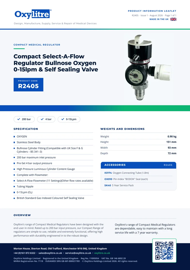 Front page of the Oxylitre R2405 product information leaflet