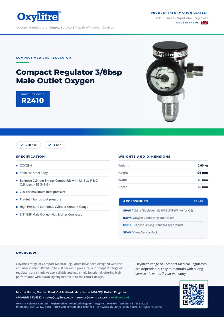 Front page of the Oxylitre R2410 product information leaflet