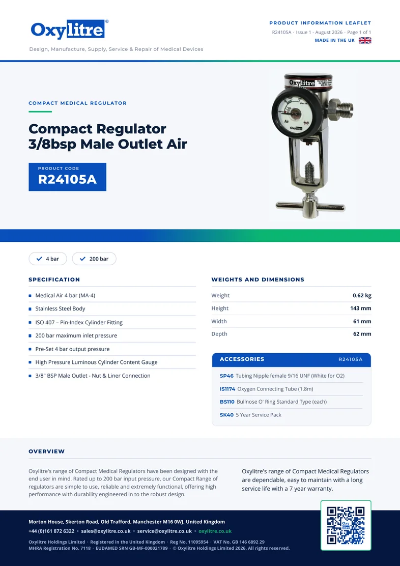 Front page of the Oxylitre R24105A product information leaflet