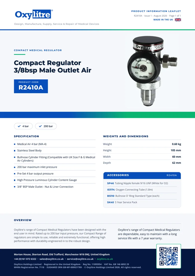 Front page of the Oxylitre R2410A product information leaflet