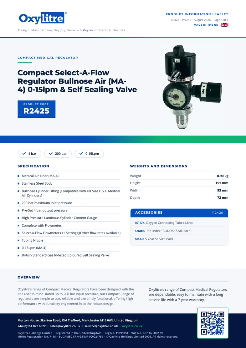 Front page of the Oxylitre R2425 product information leaflet