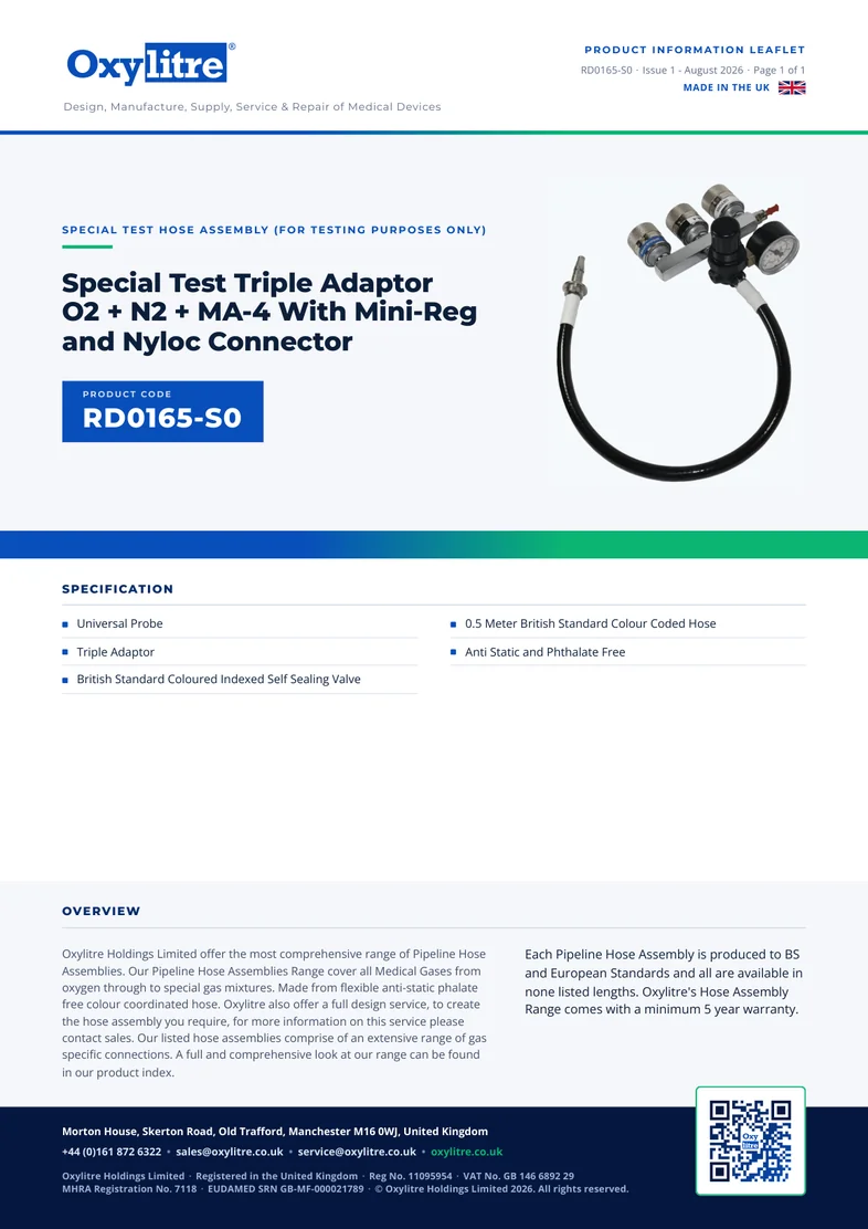 Front page of the Oxylitre RD0165-S0 product information leaflet