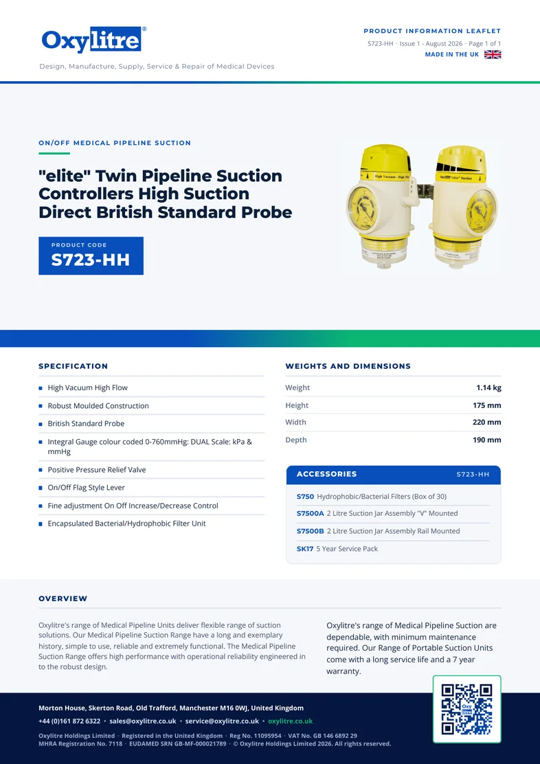 Front page of the Oxylitre S723-HH product information leaflet