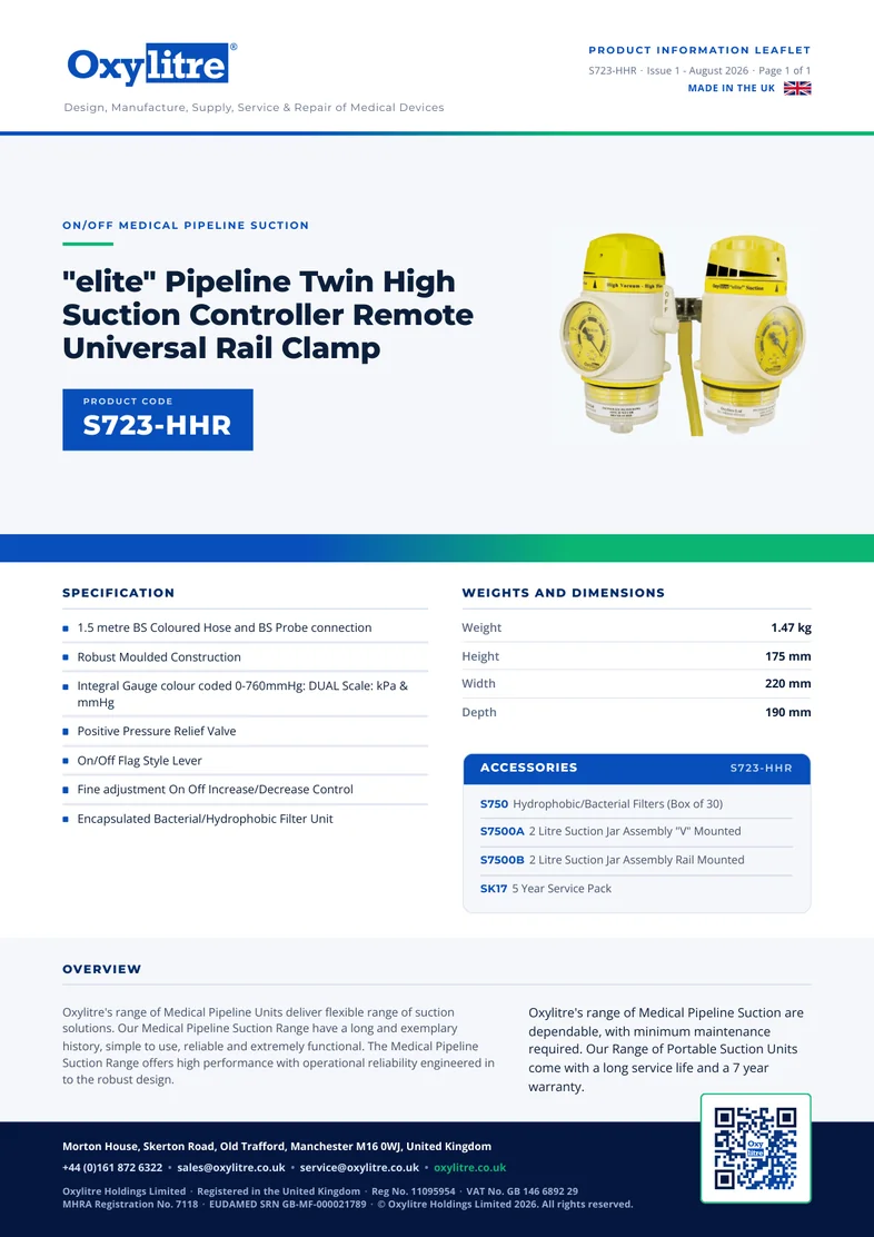 Front page of the Oxylitre S723-HHR product information leaflet
